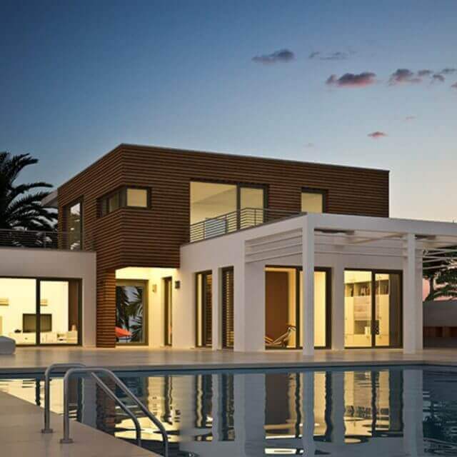 Modern architecture home with a swimming pool in the front.