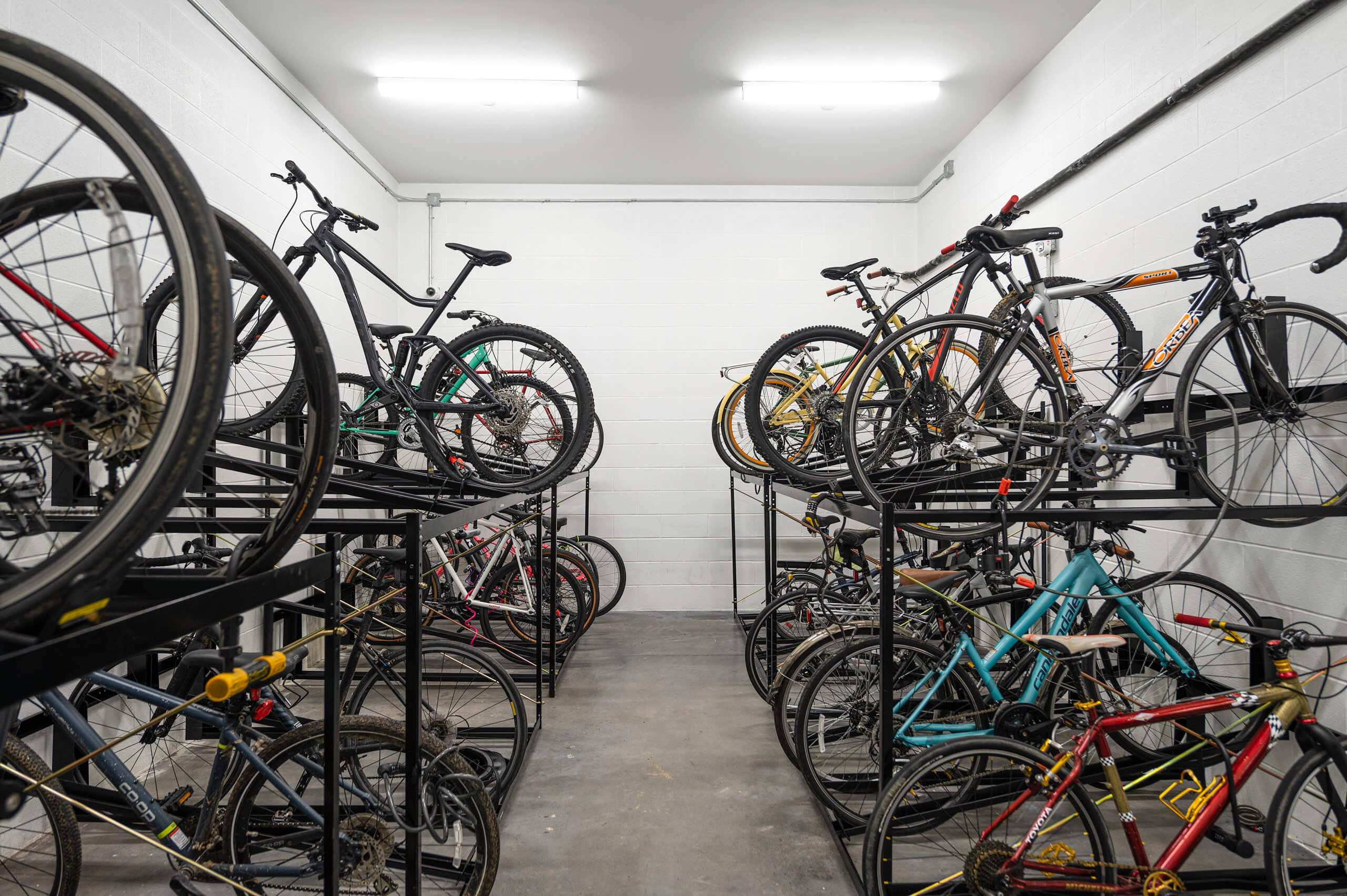 Bicycle storage room at St. Andrie apartment complex.